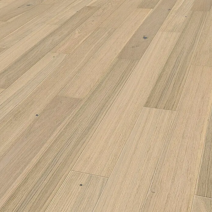 Living by Haro Parkett - Toscana Eiche weiß, Landhausdiele, 1.000 x 120 x 11 mm - Nahaufnahme des hellen, geölten Parkettbodens mit sichtbarer Holzmaserung und natürlichen Farbunterschieden.