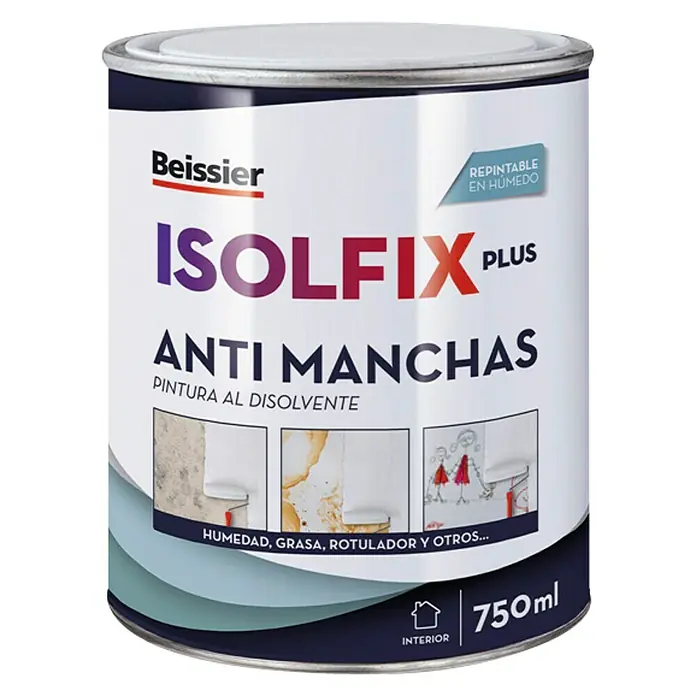 Beissier Pintura antimanchas Isolfix Plus - Blanco, 750 ml, Mate - Un bote de pintura antimanchas IsolFIX Plus de Beissier, ideal para interiores y eliminar manchas.