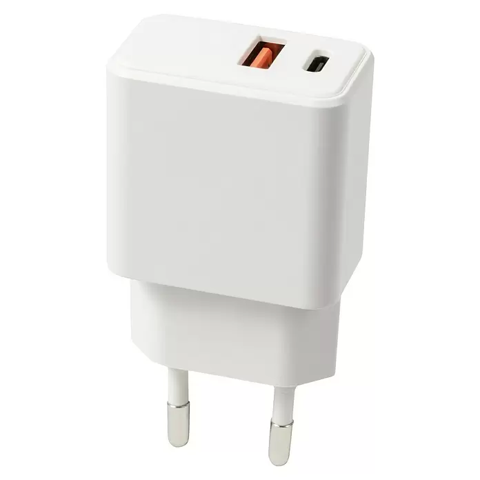 BAUHAUS USB-Ladeadapter Schnellladegerät - 20 W, Weiß, USB-A-Buchse, USB-C-Buchse - Weißes Dual-Port-Wandladegerät mit USB-A- und USB-C-Anschlüssen, mit europäischem Zweipolstecker.