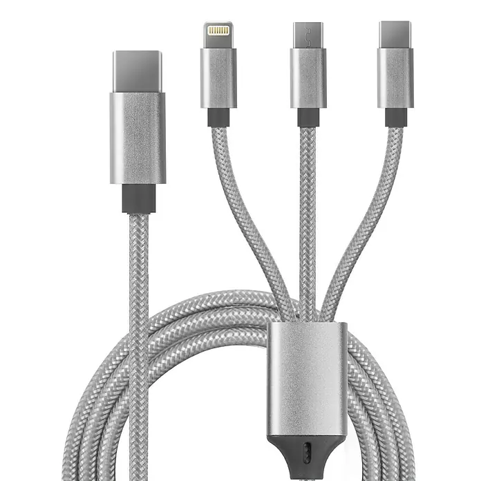 BAUHAUS Set mit Ladegerät, Zigarettenanzünder-Ladegerät, Multifunktions-Kabel - Weiß/Schwarz/Grau - Ein Silbernes Mehrfach-Ladekabel mit USB-C, Lightning, Micro-USB und USB-C Anschlüssen für vielseitige Kompatibilität und bequemes Laden.