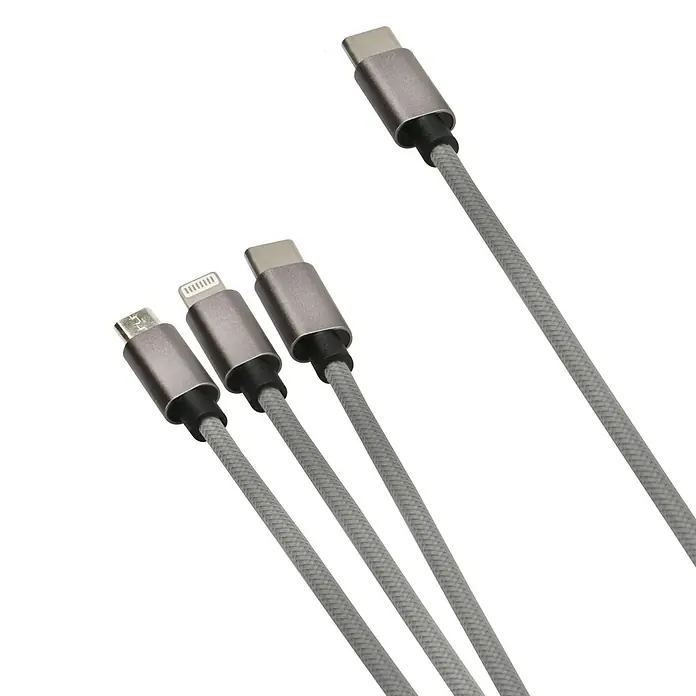 BAUHAUS Set mit Ladegerät, Zigarettenanzünder-Ladegerät, Multifunktions-Kabel - Weiß/Schwarz/Grau - Dieses Bild zeigt eine Nahaufnahme von vier Kabeln mit verschiedenen Anschlüssen, darunter USB-C, Lightning und Micro-USB.