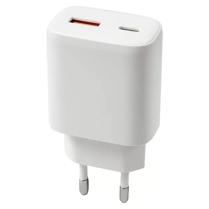 BAUHAUS USB-Ladeadapter Schnellladegerät - 45 W, Weiß, USB-A-Buchse, USB-C-Buchse - Weißes USB-Ladegerät mit zwei Ladeanschlüssen und europäischem Stecker.