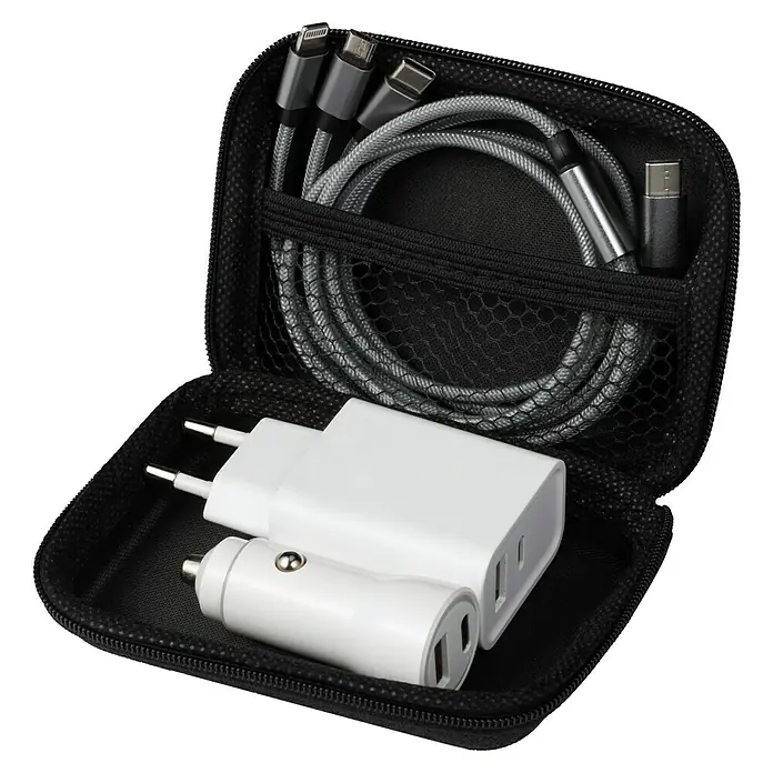 BAUHAUS Set mit Ladegerät, Zigarettenanzünder-Ladegerät, Multifunktions-Kabel - Weiß/Schwarz/Grau - Reise-Organizer-Set mit Kabeln, Ladegerät und Kfz-Adapter in einer kompakten schwarzen Tasche für unterwegs.