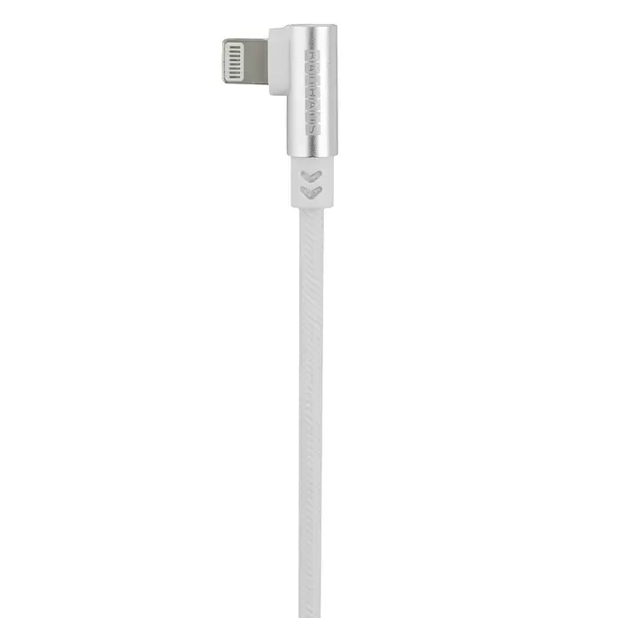 BAUHAUS USB-Kabel Winkel - Weiß, 1 m, USB A-Stecker, Lightning-Stecker - Weißes, geriffeltes, abgewinkeltes Lightning-Kabel mit silbernem L-Stecker und 'BAUHAUS'-Branding.
