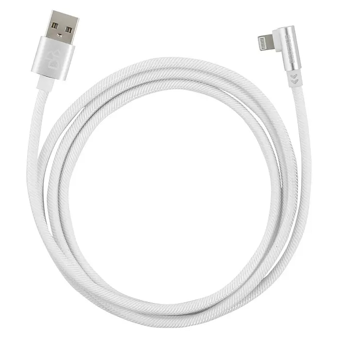 BAUHAUS USB-Kabel Winkel - Weiß, 1 m, USB A-Stecker, Lightning-Stecker - Weißes geflochtenes USB-A auf abgewinkeltes Lightning Ladekabel, kreisförmig aufgerollt.