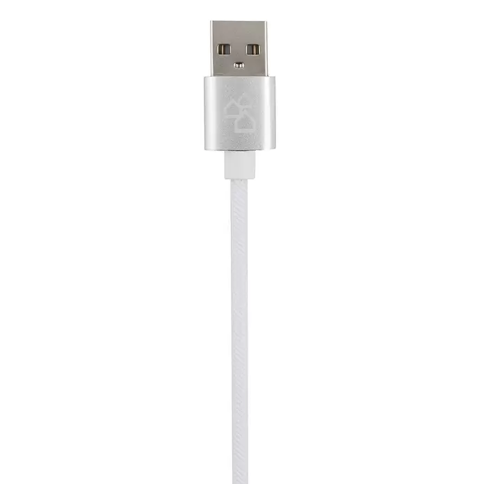 BAUHAUS USB-Kabel Winkel - Weiß, 1 m, USB A-Stecker, Lightning-Stecker - Silberner USB-A Stecker mit einem weißen, geflochtenen Kabel.