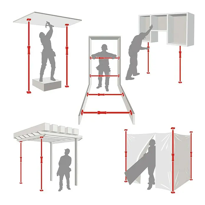 Piher Puntal regulable P2 - Anchura de expansión: 95 cm - 170 cm, Rojo/Negro - La imagen muestra la versatilidad de un soporte telescópico, incluyendo montaje en techo, marcos de puertas y estructuras de pérgola.