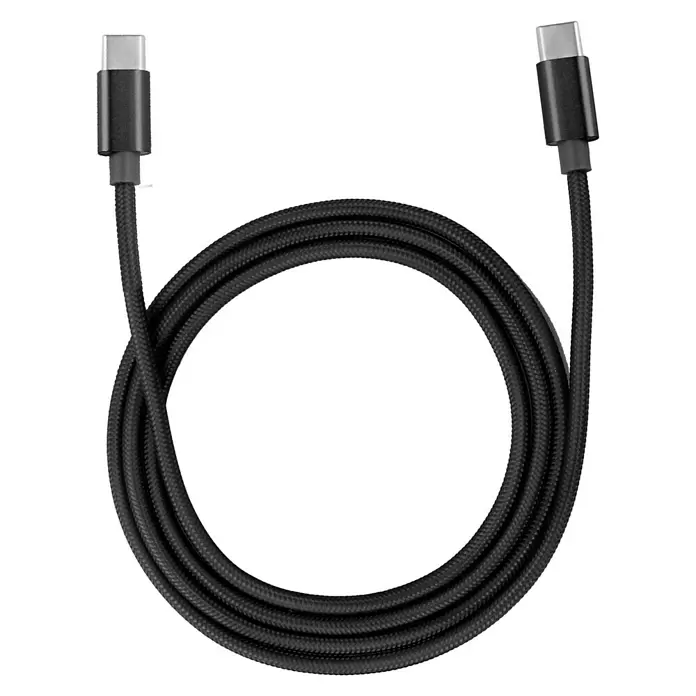 BAUHAUS USB-Ladekabel - 3 m, USB C-Stecker, Schwarz - Schwarzes geflochtenes USB-C Ladekabel mit silbernen Anschlüssen, kreisförmig aufgerollt.