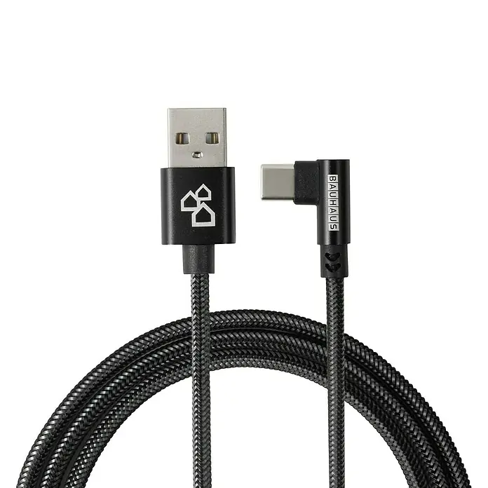 BAUHAUS USB-Ladekabel Winkel - Schwarz, 1 m, USB A-Stecker, USB C-Stecker - Ein USB-C-auf-USB-A-Kabel mit geflochtenem Kabel und rechtwinkligem Anschluss, ideal zum Laden und zur Datenübertragung.
