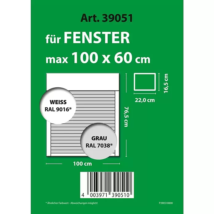 Schellenberg Rollladen-Komplett-Set MINI - Aufsatz, 100 x 60 cm - Schemazeichnung eines Fensterrollladens, max. 100x60 cm, in Weiß (RAL 9016) und Grau (RAL 7038) erhältlich, mit detaillierten Maßen.