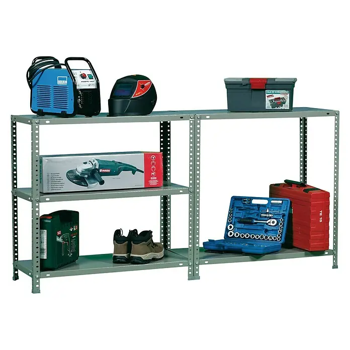 Simonrack Simonclassic Estantería metálica Advantage - Al x An x Pr: 180 x 90 x 40 cm, Capacidad de carga por balda: 75 kg, Número de baldas: 5 ud., Atornillado, Gris - Estantería con herramientas: Una máquina de soldar, una amoladora angular y cajas de herramientas destacan en una estantería metálica gris.