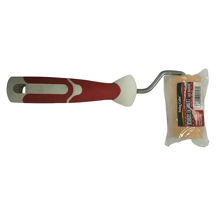 Rodillo de pintar Flocado - Apto para: Superficies lisas, Anchura cilindro: 7 cm - Imagen de un rodillo de pintura Swing Color con mango rojo y un rodillo nuevo envuelto.
