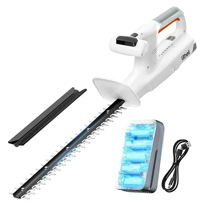 Litheli U20 Akku-Heckenschere Handy+ - 20 V, Li-Ionen, 1 Akku, Schnittlänge: 400 mm - Weiß-grauer Akku-Heckenschneider mit schwarzer Klinge, Klingenschutz, Akku mit blauen Zellen und schwarzem USB-Ladekabel.