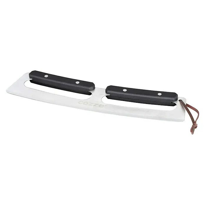 Cozze Pizzaschneider - Stahl, Länge: 32 cm - Nahaufnahme eines Cozze-Wiegemessers mit zwei Griffen und braunem Lederband.