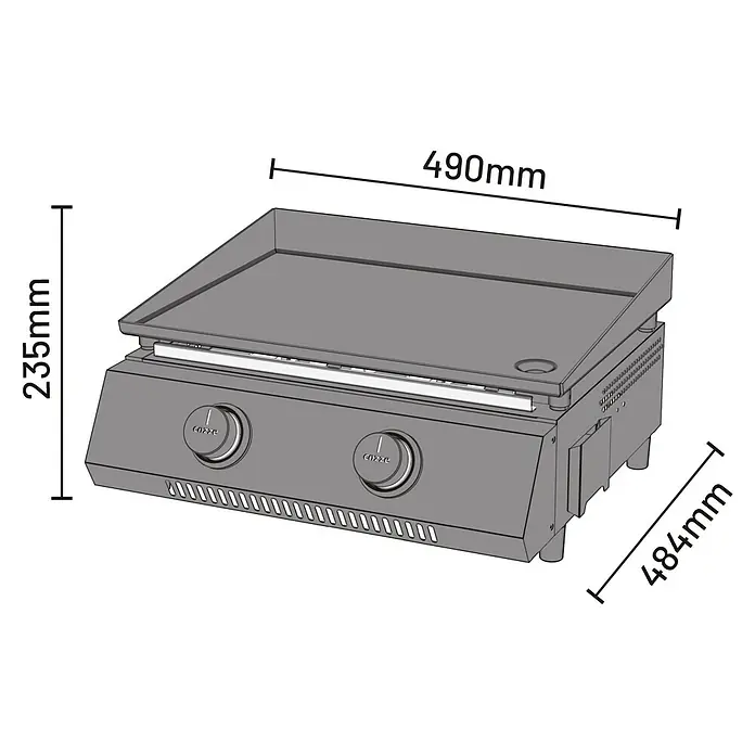Cozze Plancha-Grill G 400 - Grillfläche (B x T): 48 x 35 cm, Anzahl Brenner: 2 Stk., Schwarz - Darstellung der Cozze-Grillplatte mit den Maßen 490 mm Breite, 235 mm Höhe und 484 mm Tiefe.