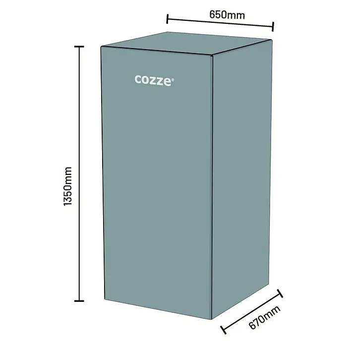 Cozze Grill-Schutzhülle - Passend für: Cozze Grilltisch, Kunststoff - Produktbild des Cozze Schranks mit seinen Abmessungen, der 1350 mm hoch, 650 mm breit und 670 mm tief ist.