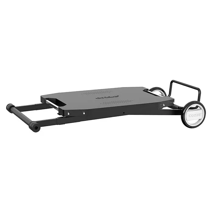 Cozze Mesa plegable - An x Pr x Al: 104,5 x 62,5 x 78 cm, Acero - Imagen de una mesa COZZE negra con ruedas. Esta mesa móvil es ideal para transportar y utilizar dispositivos.