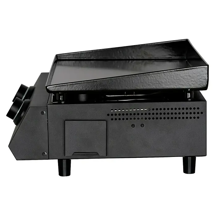 Cozze Plancha-Grill G 400 - Grillfläche (B x T): 48 x 35 cm, Anzahl Brenner: 2 Stk., Schwarz - Seitenansicht einer schwarzen Grillplatte mit Bedienknöpfen und Belüftungsöffnungen für optimale Leistung.