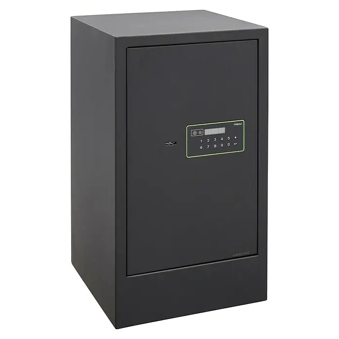 Arregui Kuro Caja fuerte - L x An x Al: 36 x 35 x 62 cm, Negro/Verde, 71 l - Imagen de una caja fuerte negra con un teclado digital y la inscripción "VREOUI".