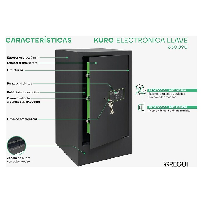 Arregui Kuro Caja fuerte (L x An x Al: 36 x 35 x 62 cm, Negro/Verde, 71 l) | BAUHAUS