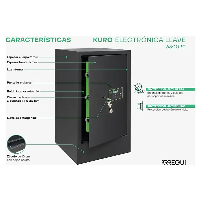 Arregui Kuro Caja fuerte - L x An x Al: 36 x 35 x 62 cm, Negro/Verde, 71 l - Imagen de una caja fuerte negra con llave electrónica KURO, modelo 630090, que muestra las características del producto y las medidas de seguridad.