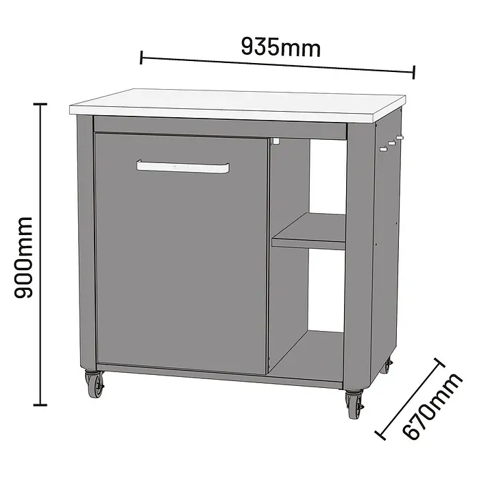 Cozze Outdoorküchen-Modul - Schwarz, B x T x H: 93,5 x 67 x 90 cm - Abbildung eines Küchenwagens in Grau mit einer weißen Arbeitsplatte und den Maßangaben 935 mm, 900 mm und 670 mm.