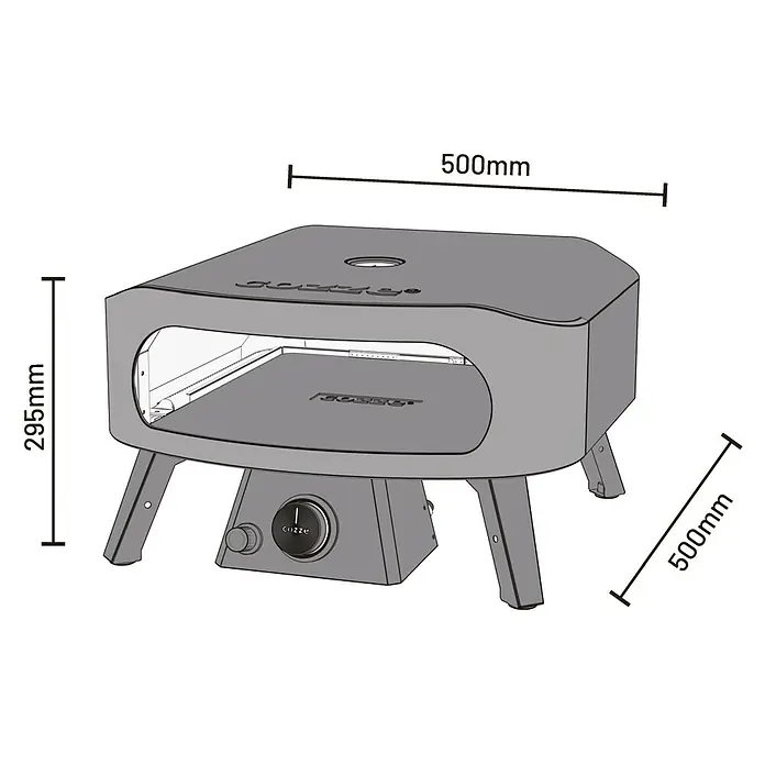 Cozze Pizzaofen Classic 13 - Grillfläche (B x T): 34 x 34 cm, 6 kW - Abbildung eines Cozze Pizzaofens mit Maßangaben.