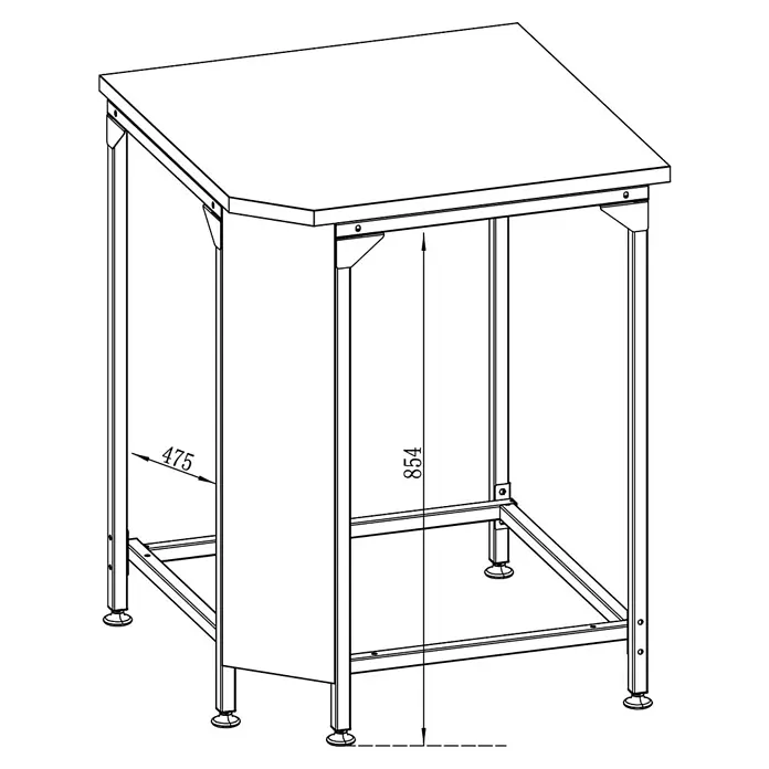 Cozze Outdoorküchen-Modul Eckelement - Schwarz/Silber, B x T x H: 70,5 x 60 x 90 cm - Illustration eines Arbeitstisches mit einer Höhe von 854 mm und einer Seitenlänge von 475 mm. Solide Bauweise, ideal für Werkstatt und Büro.