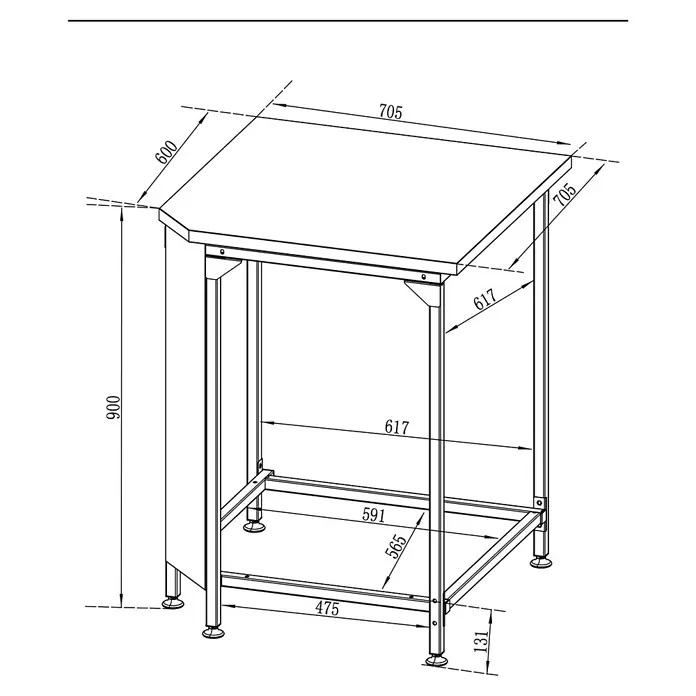 Cozze Outdoorküchen-Modul Eckelement - Schwarz/Silber, B x T x H: 70,5 x 60 x 90 cm - Abbildung eines Edelstahltisches mit detaillierten Maßangaben. Robustes Design für den professionellen Einsatz.