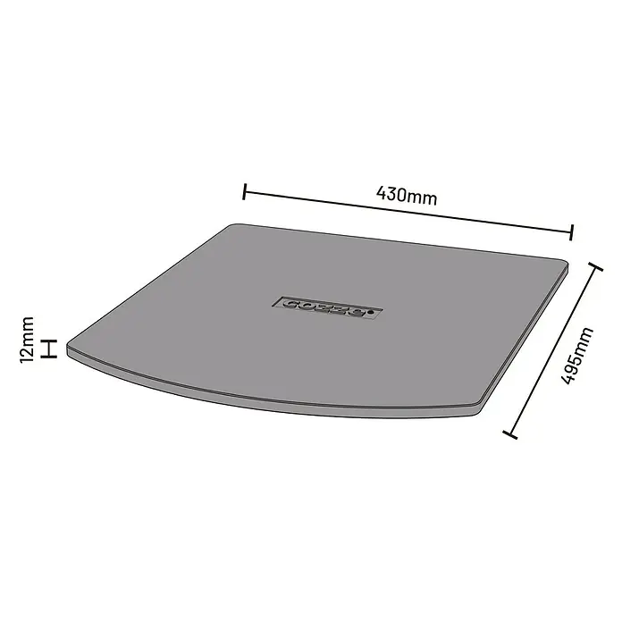 Cozze Pizzastein - L x B: 42,5 x 42,5 cm, Passend für: Cozze Pizzaofen 17" Classic - Produktdiagramm des Cozze-Pizzaofens mit Abmessungen. Das Diagramm zeigt die Breite (430 mm), die Höhe (12 mm) und die Tiefe (495 mm) des Ofens.