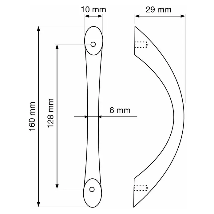 Walteco Möbelgriff Gitka - Lochabstand: 128 mm, Sonstige, Verchromt - Technische Zeichnung eines Bügelgriffs. Gesamtlänge 160mm, Lochabstand 128mm, Ausladung 29mm. Breiten 10mm & 6mm.