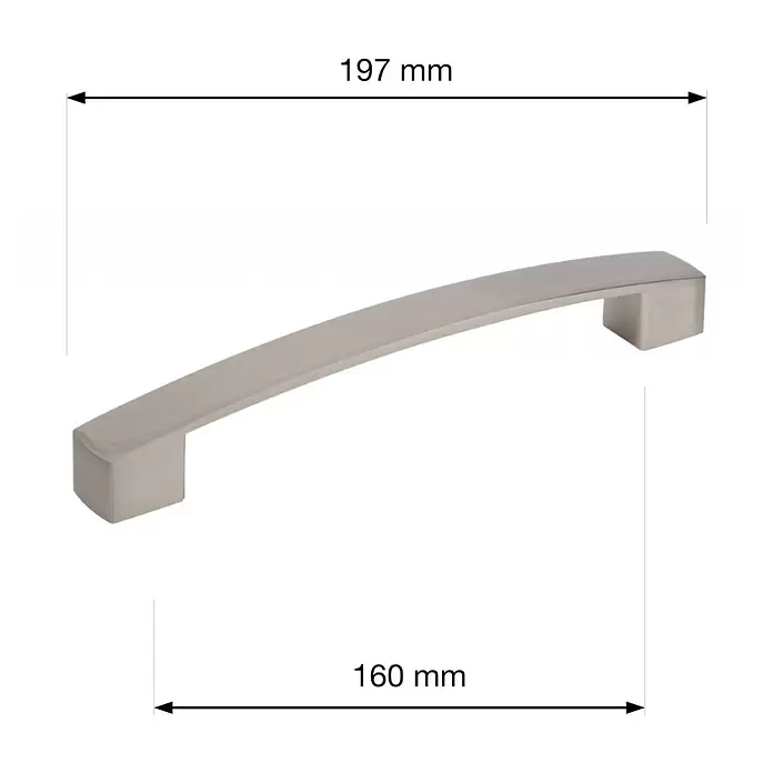 Walteco Möbelgriff Anzio - Lochabstand: 160 mm, Aluminium, Vernickelt matt - Satinierter Möbelgriff, gebogen, 197mm Gesamtlänge, 160mm Bohrabstand.