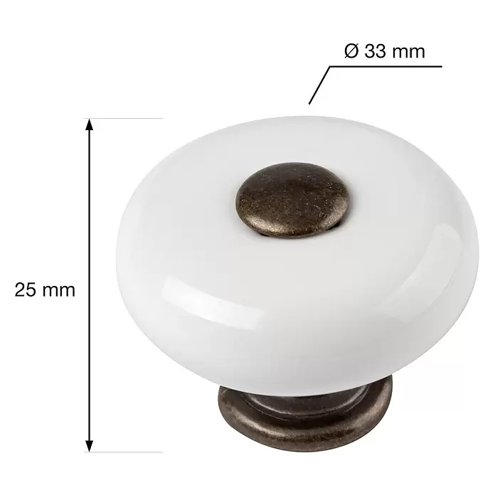 Walteco Möbelknopf - Durchmesser: 33 mm, Porzellan, Brüniert - Weißer Keramik-Möbelknopf mit antiken Messingdetails.