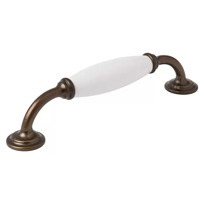 Walteco Möbelgriff - Lochabstand: 128 mm, Porzellan, Brüniert - Ein klassischer Möbelgriff mit weißem ovalem Keramikgriff und dunklen bronzefarbenen Metallenden.