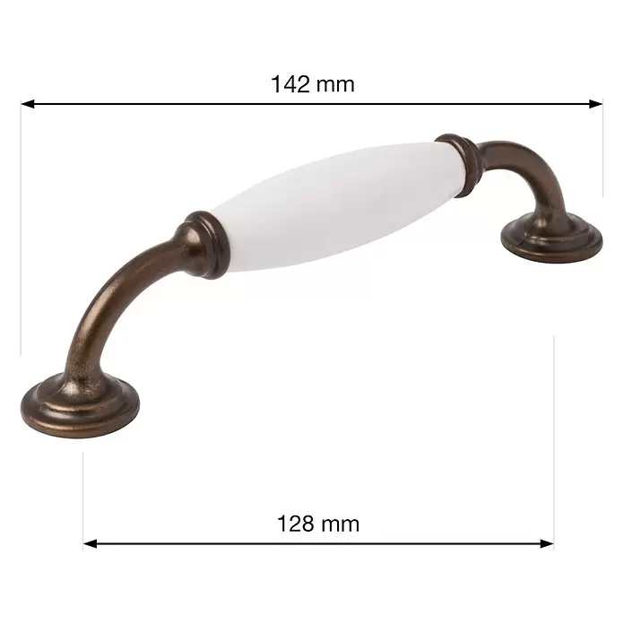Walteco Möbelgriff - Lochabstand: 128 mm, Porzellan, Brüniert - Weißer Keramik-Möbelgriff mit bronzefarbenen Haltern, 128 mm Lochabstand.