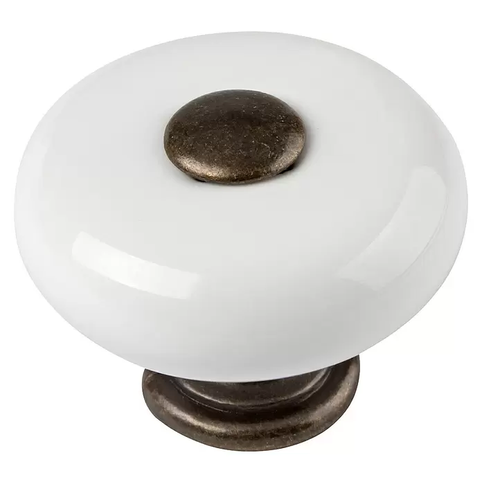 Walteco Möbelknopf - Durchmesser: 33 mm, Porzellan, Brüniert - Weißer Keramikknopf mit antik-messingfarbenem Metalleinsatz und Sockel.