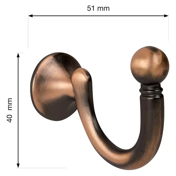 Walteco Garderobenhaken Hubert - L x B x H: 42 x 22 x 51 mm, Anzahl Haken: 1 Stk., Kupfer antik - Antiker bronzefarbener Metallwandhaken mit runder Basis und Kugelende, 51x40 mm.
