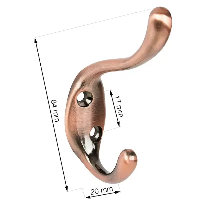 Walteco Garderobenhaken Sentini - L x B x H: 84 x 20 x 60 mm, Anzahl Haken: 2 Stk., Kupfer antik - Antik kupferfarbener Doppelhaken mit zwei Schraublöchern, mit Maßangaben.