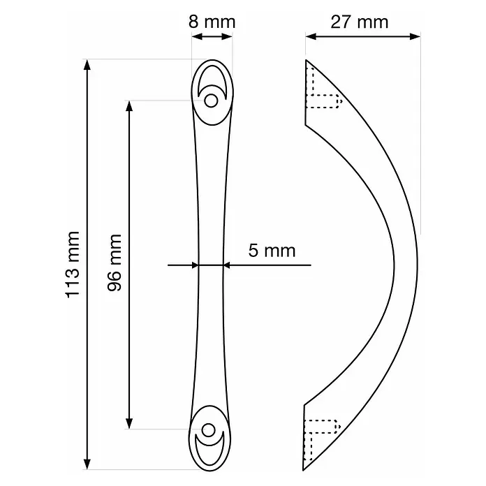 Walteco Möbelgriff Gitka - Lochabstand: 96 mm, Sonstige, Vernickelt matt - Gekrümmter Griff mit Maßen: 113mm Länge, 96mm Lochabstand, 27mm Ausladung, 5-8mm Breite.