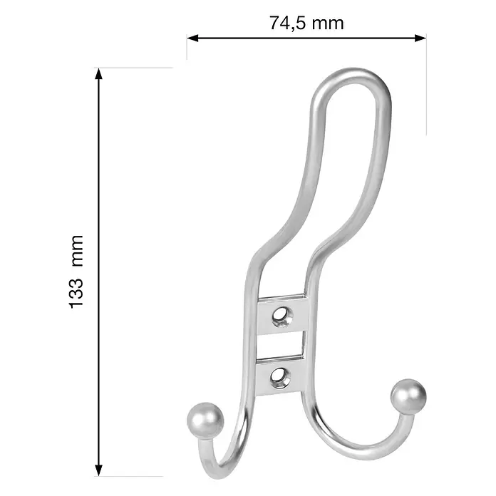 Walteco Garderobenhaken Lorex I - L x B x H: 133 x 74,5 x 55 mm, Anzahl Haken: 3 Stk., Vernickelt matt - Silberner Metall-Doppelhaken, 133 mm hoch und 74,5 mm breit, mit zwei Aufhängungspunkten.