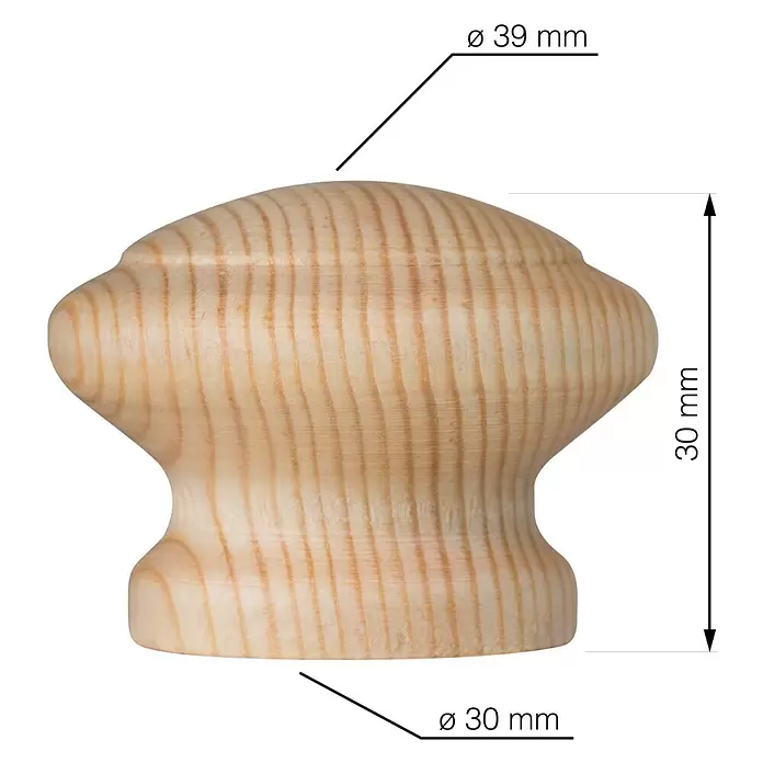 Walteco Möbelknopf Lea - Durchmesser: 39 mm, Holz, Holz-Optik - Knauf aus hellem Naturholz, rundlich, mit klassischem Profil und sichtbaren Maßen.