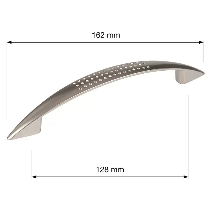 Walteco Möbelgriff Jamo - Lochabstand: 128 mm, Sonstige, Vernickelt matt - Geschwungener Möbelgriff aus satiniertem Nickel mit Punktmuster, 162 mm Gesamtlänge, 128 mm Lochabstand.