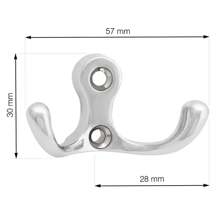 Walteco Garderobenhaken Romero II - L x B x H: 30 x 57 x 28 mm, Anzahl Haken: 2 Stk., Verchromt - Polierter Chrom-Doppelhaken mit zwei Schraublöchern zur Wandmontage.