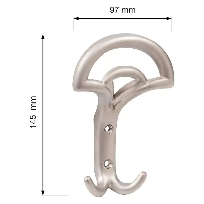 Walteco Garderobenhaken Bolero - L x B x H: 145 x 97 x 52 mm, Anzahl Haken: 2 Stk., Vernickelt matt - Gebürsteter silberner Metallgarderobenhaken mit Doppelhaken und dekorativem Bogenoberteil, 97x145mm.