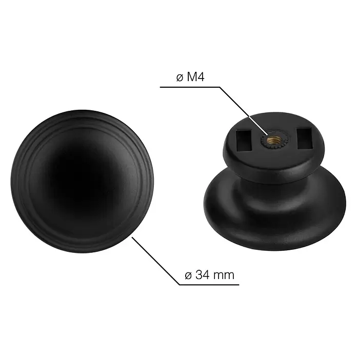 Walteco Möbelknopf Bems - Durchmesser: 34 mm, Kunststoff, Schwarz matt - Schwarzer runder Möbelknauf, 34 mm Durchmesser, mit M4 Gewindeeinsatz.