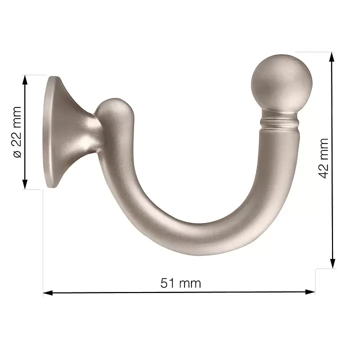 Walteco Garderobenhaken Hubert - L x B x H: 42 x 22 x 51 mm, Anzahl Haken: 1 Stk., Vernickelt matt - Satinierter Nickel U-förmiger Vorhangraffhalter, 51mm breit, 42mm hoch, mit Ø 22mm Sockel.