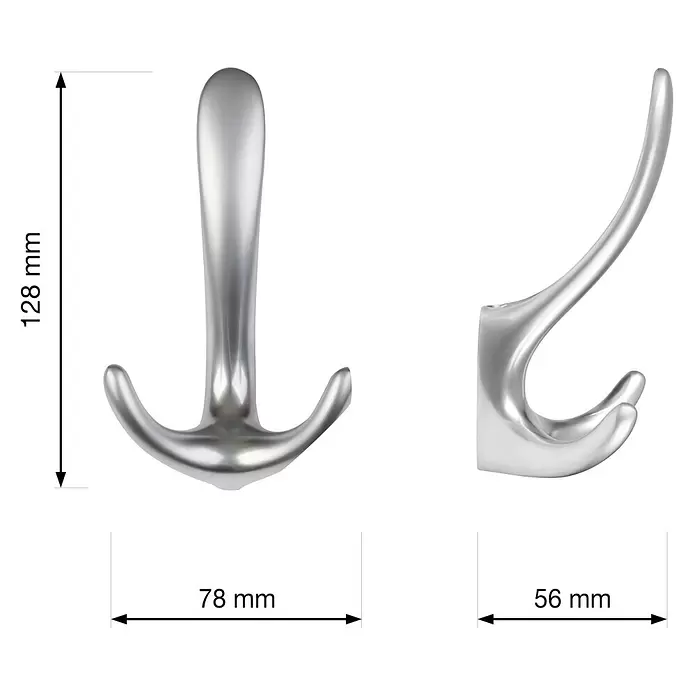 Walteco Garderobenhaken Trillo - L x B x H: 128 x 78 x 56 mm, Anzahl Haken: 3 Stk., Verchromt matt - Glänzender silberner Metall-Doppelhaken mit Abmessungen: 128 mm Höhe, 78 mm Breite, 56 mm Tiefe.