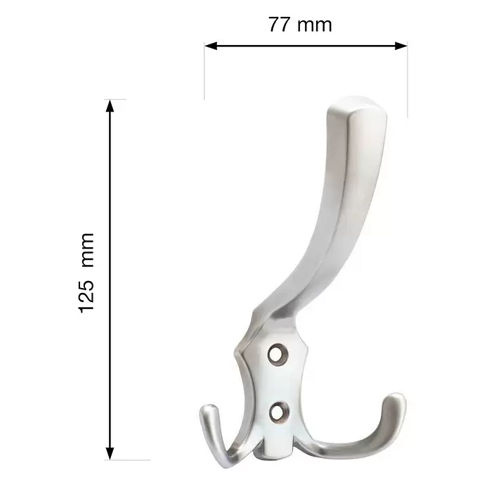 Walteco Garderobenhaken Romana I - L x B x H: 125 x 77 x 75 mm, Anzahl Haken: 3 Stk., Verchromt matt - Bürsteter Metall-Doppelhaken, silberfarben, mit zwei Befestigungslöchern.