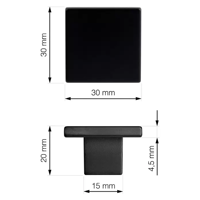 Walteco Möbelknopf Arca - L x B x H: 30 x 30 x 20 mm, Kunststoff, Schwarz matt - Schwarzer, quadratischer Möbelknauf mit T-Stange, dargestellt mit detaillierten Ansichtsmaßen von oben und Seite.