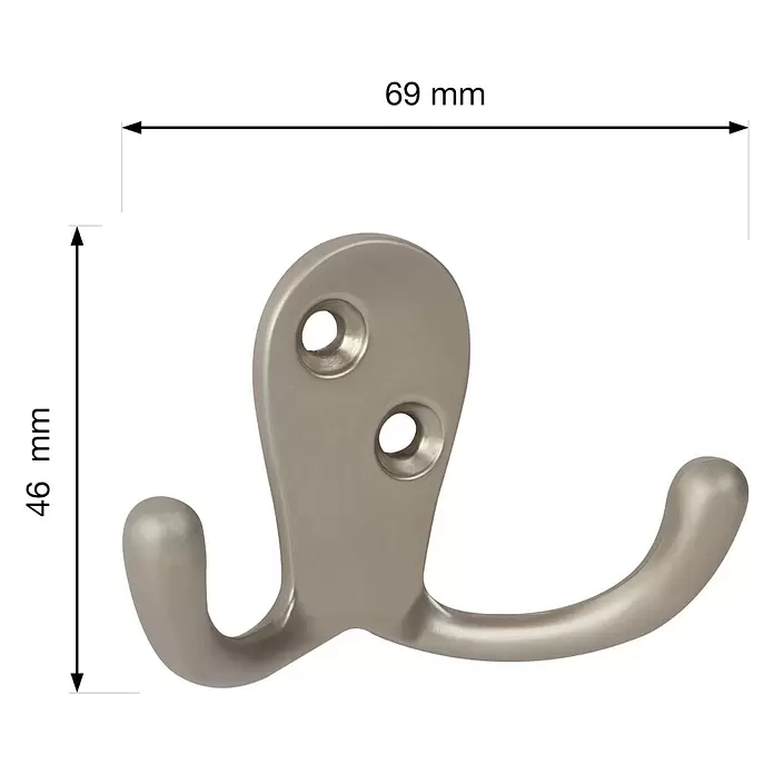 Walteco Garderobenhaken Bonax - L x B x H: 46 x 69 x 26 mm, Anzahl Haken: 2 Stk., Vernickelt matt - Satinierter Metall-Doppelhaken mit zwei Befestigungslöchern.